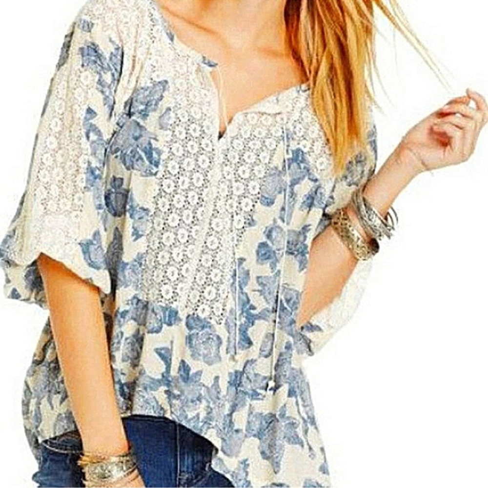 Free People Moon River Floral Peasant Blouse White/Blue Size L
